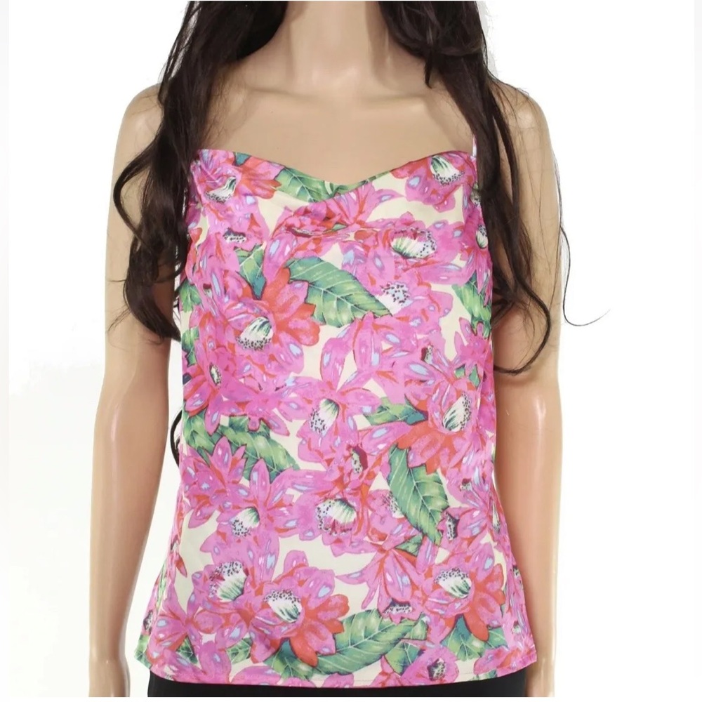 NWT Revolve WAYF Satin Floral Drape Neck Tank Blouse Soft in Pink